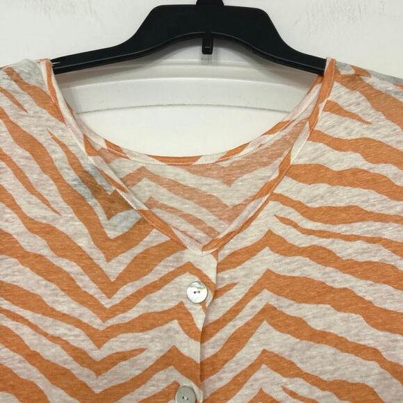 TAHARI 100% Linen Coral Tan Animal Print Button Back Top Beachy Summer Large - Picture 6 of 9